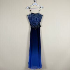 Vintage Blue Gradient Beaded Silk Gown with Sparkling Bodice Formal Dress Size 2
